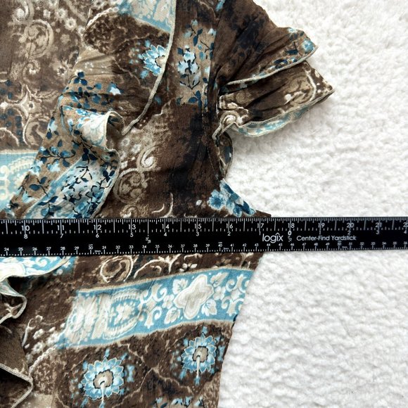 Y2K Vintage Dressbarn Boho Grunge Blouse S Small Blue Brown Pattern Mesh Ruffle - Picture 5 of 7